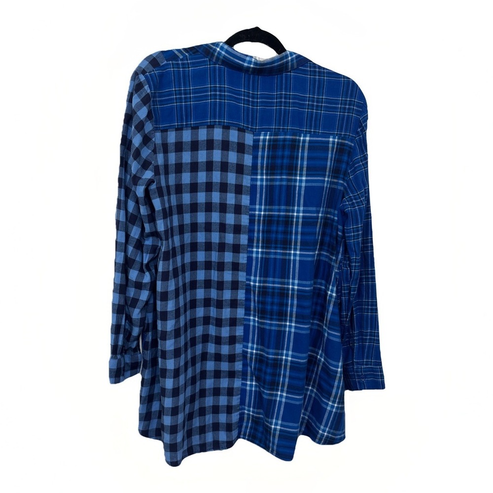 Coldwater Creek Into The Mix Plaid Flannel Top L Sapphire Blue Mixed Patchwork - Picture 2 of 9